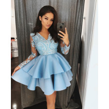 Blue Homecoming Dresses A-line V-neck Long Sleeves Short Mini Appliques Beaded Tiered Elegant Cocktail Dresses