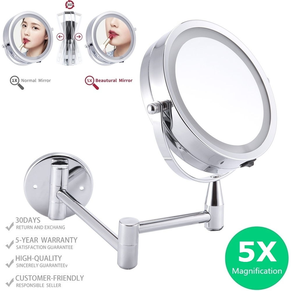 LED Wall Mounted Makeup Mirror, 5.9" Diameter 1X/5X Magnifying 360° Rotatable illuminated Extendable Double-Sided Swivel Mirror