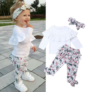 Toddler Kids Baby Clothing Set Solid Top Print Pant Girl Ruffle Floral Tops Pants Leggings 3pcs Outfits Clothes 1-5 Years