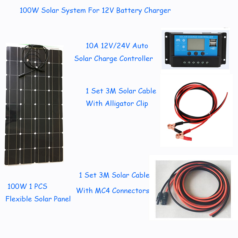 Easy to install on grid power solar energy systems 100w for 12V solar panel batteries charger whole solar kit set with cable