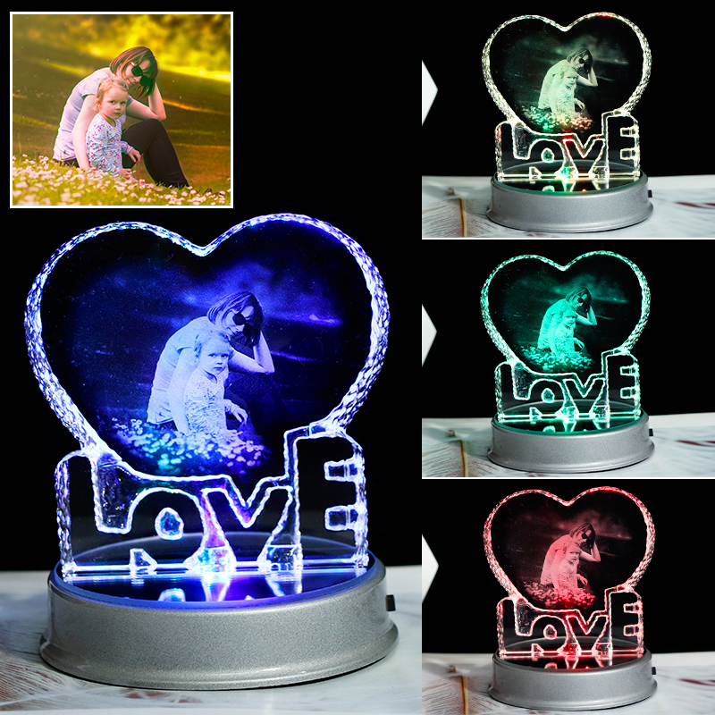 Customized Crystal Photo Frame Colorful LED Base Laser Engraved Picture Souvenir Gift Personalized Glass Wedding Photo Frame