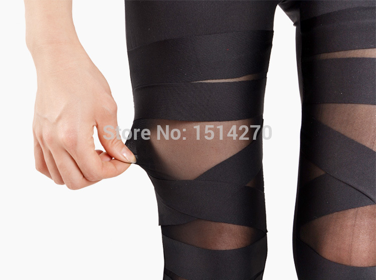 New Spring Summer Legging Sexy See Through Stripe Cross Tie Up Nine Point Bodycon Women Leggings Black Slim Bandages Leggings