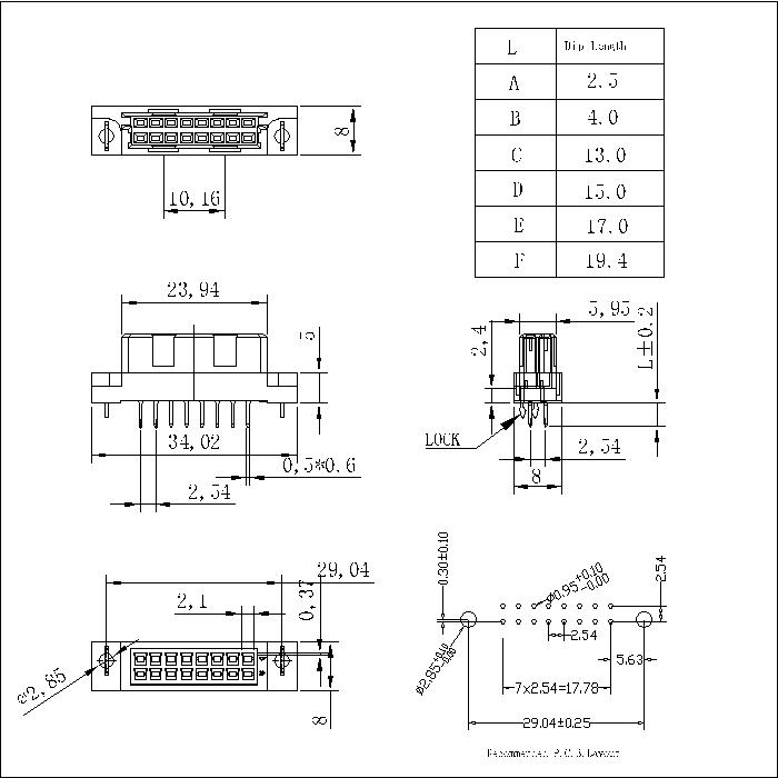 DFS-XXXX-211-L DIN 41612 Vertical Female Type B Connectors 16 Positions
