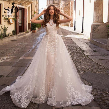 Champagne New Mermaid Wedding Dress With detachable Tail Appliques Lace Muslin Bridal Dress Wedding Gown Vestido De Noiva Serei