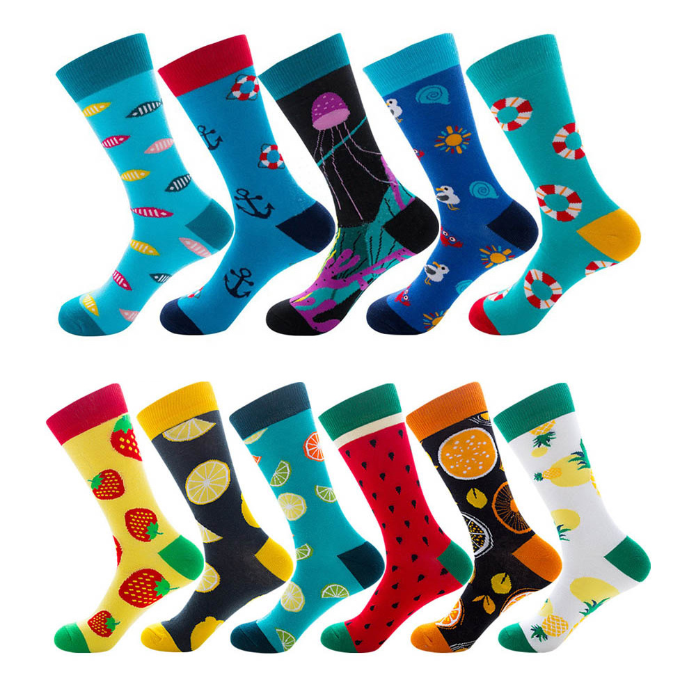 5pairs/pack Fresh Fruits Men Happy Socks Lemon Pineapple Orange Watermelon Strawberry Fish Jellyfish swim ring Ship anchor socks