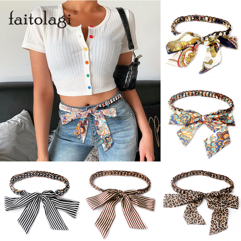 Fashion Wide Waist Fabric Belts for Women Ladies Silk Scarf Long Belt Prints Ribbon Knot Rope