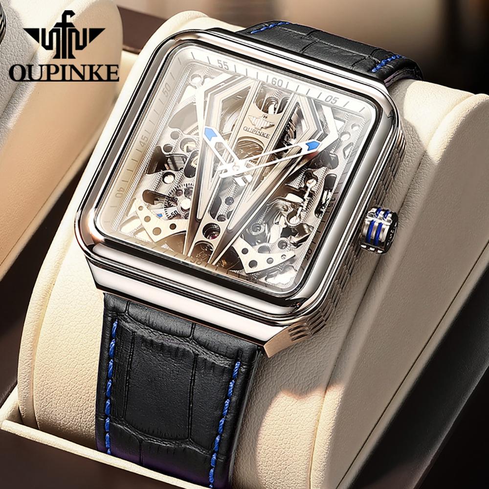 OUPINKE Automatic Watch Men Skeleton Mechanical Watch Steampunk Sapphire Crystal Square Leather Transparent sports Wristwatch