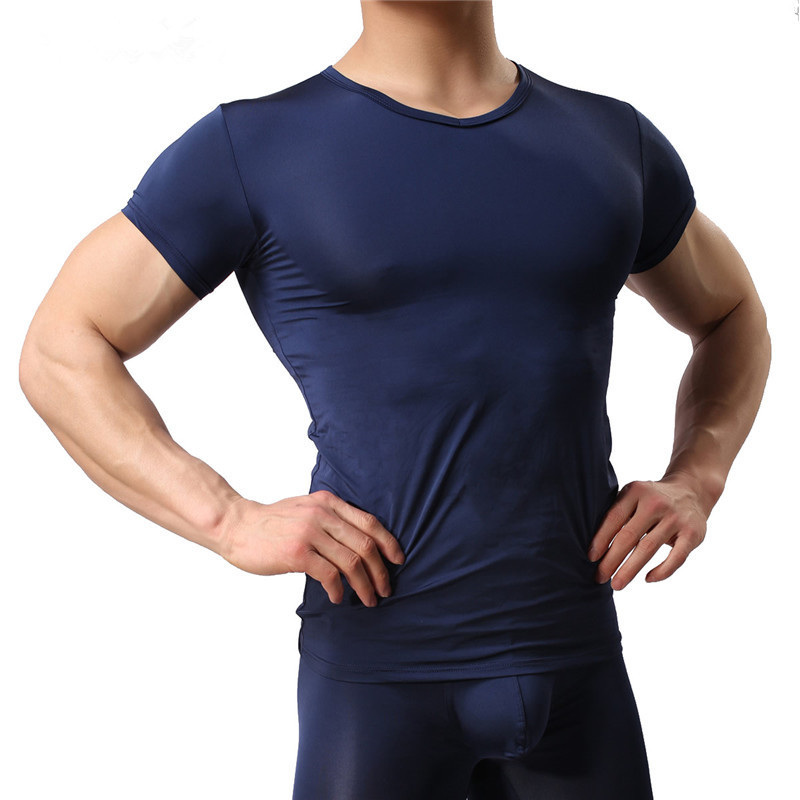 Men Clothes Set Mens Undershirts Short Sleeve T-shirts Homme Underwear Slim Fitness Tops Penis Pouch Sleep Bottoms Long Pants