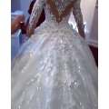 New African Crystal Wedding Dresses 2021 Full Sleeves Beaded Puffy Bridal Gowns 3D Flower Lace Wedding Gowns Robe De Mariee