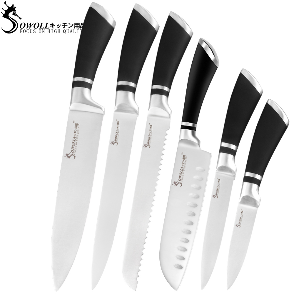 Sowoll 6pcs Stainless Steel Kitchen Knife Set Chef Slicing Bread Santoku Utility Paring Knives Fruit Kitchen Cooking Home Gadget