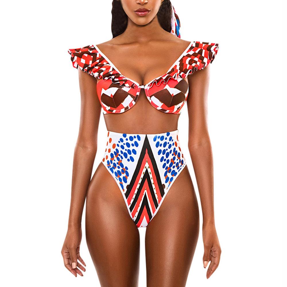 Sexy Women Bikini Ethnic Floral Swimsuit African Bathing Suit High Waist Printed Cover Up Ruffle Bikini Set Swimwear Beach Wear