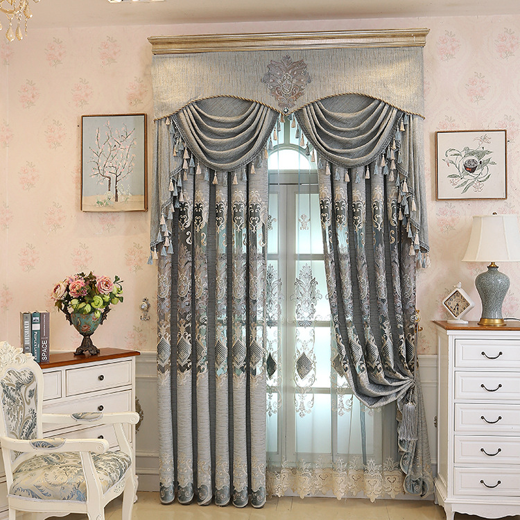 New European Luxury Gray Curtains for Living Dining Room Bedroom Fabric Chenille Embroidery Valance Curtain Fabric Custom