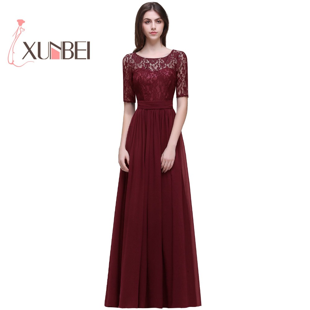 Vestido longo Elegant Half Sleeves Burgundy A Line Lace Bridesmaid Dresses Long Chiffon Prom Dresses Formal Party Gowns