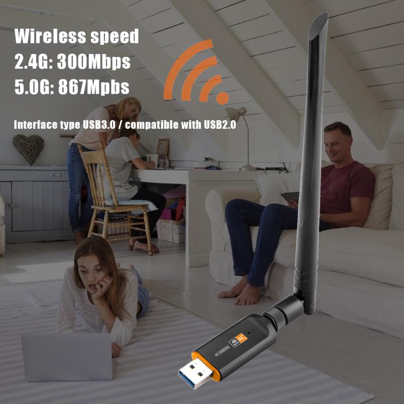 2.4G/5G Wireless Network Card WiFi Ethernet Adapter Dual Band 1200Mbps USB3.0 Network Card with AC Antenna for Laptop Desktop