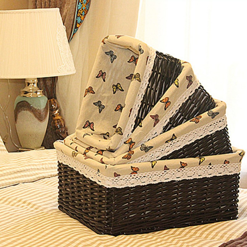 Rattan Woven Storage Basket with Linen Cloth Liner Sundries Storage Box Wicker Basket Seagrass Sorting Boxes Jewelry Organizer