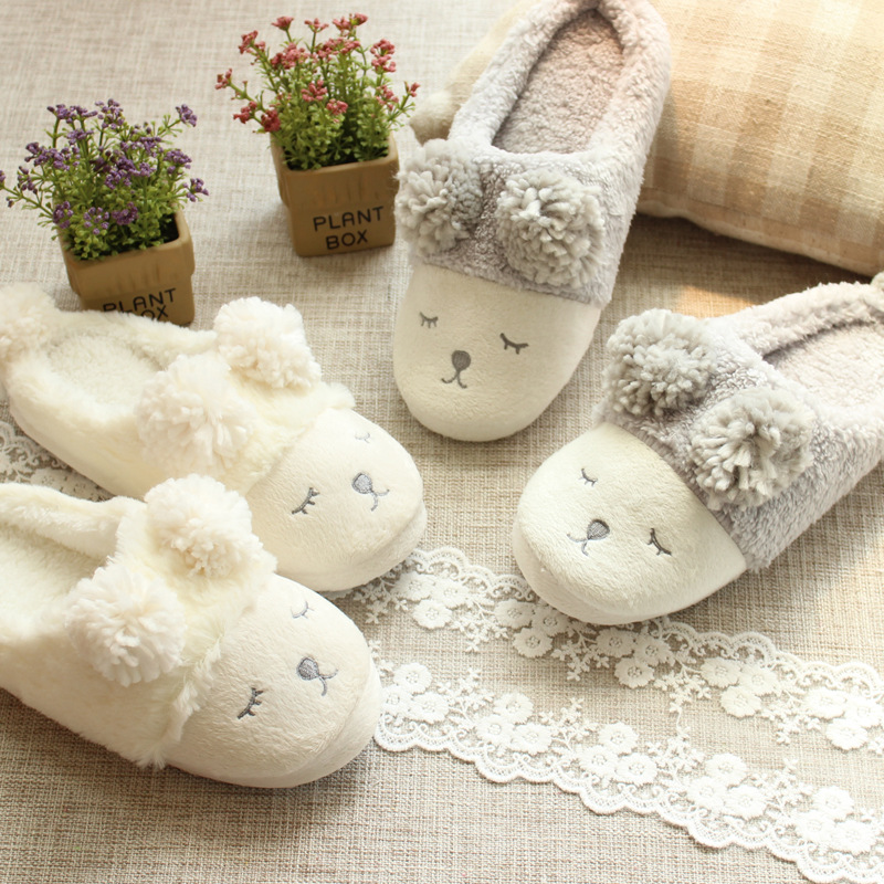 New Warm Flats Soft Sole Women Indoor Floor Slippers/Shoes Animal Shape White Gray Plush Home Shoes Home Slippers