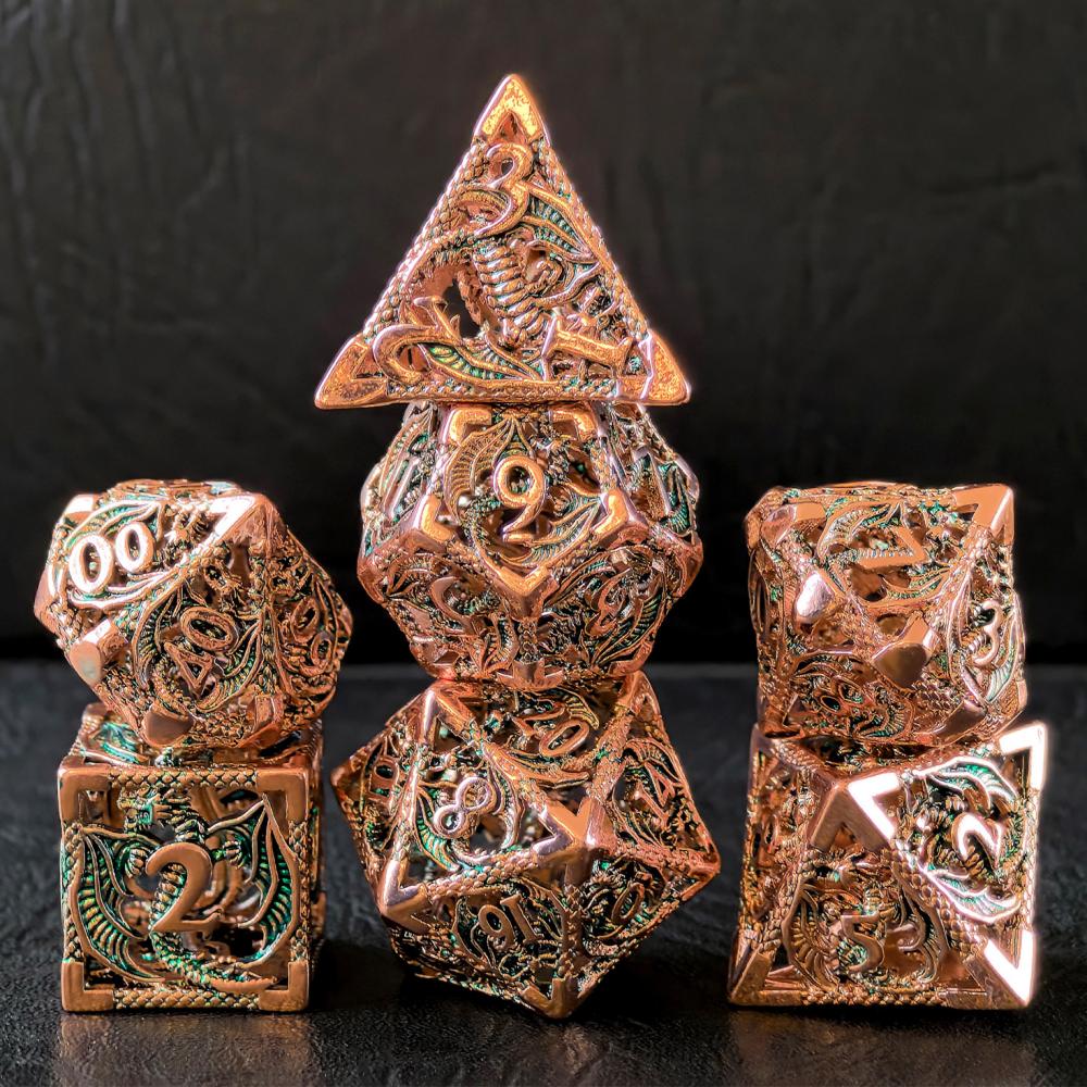 Copper Hollow Metal Dice With Gem Green