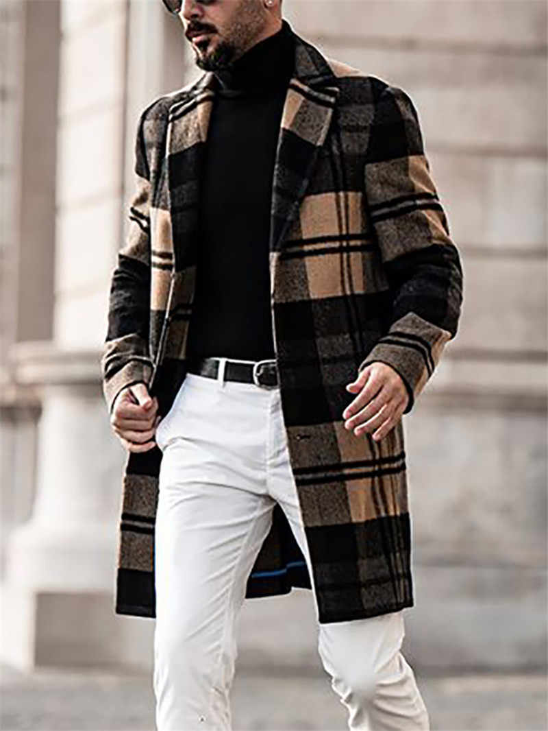 Men Coat Winter Woolen coat Plaid Long Sleeve Jackets Fleece Men Overcoats Streetwear Fashion Long Trench Outerwear 2020