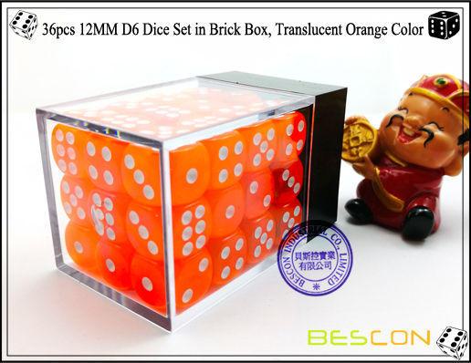 36pcs 12MM D6 Dice Set in Brick Box, Translucent Orange Color-3