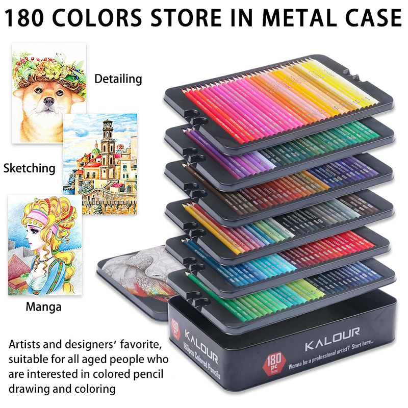 Oily Colored Pencils with Metal Box 180 Unique Coloured Pencils and Pre Sharpened Crayons for Coloring Book-Ideal Christmas Gift