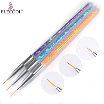 ELECOOL 3Pcs Crystal Acrylic Nail Handle Liner Brush Hand Draw Kit Tips Drawing Line Painting Tools Manicure Nail Art Decoration