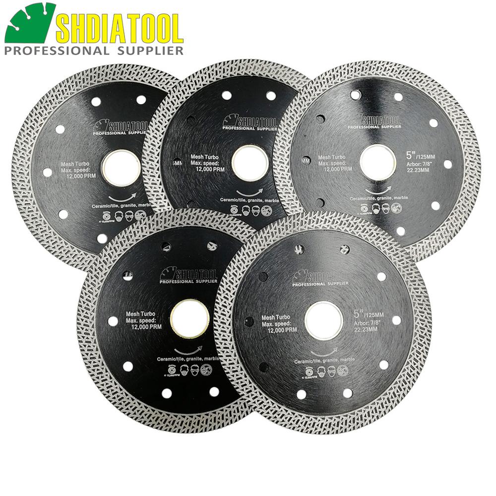 SHDIATOOL 5pks Diameter 5"/125mm Diamond Hot-pressed Sintered Diamond Blade Ceramic Cutting Disc Mesh Turbo Rim Tile SawBlade