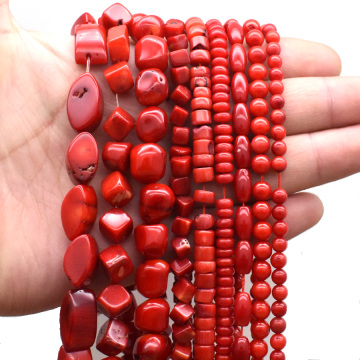 Natural Stone Red Coral Beads Irregularity Geometry Round Square Shape Spacer Beads For Jewelry Making DIY Bracelet Necklace