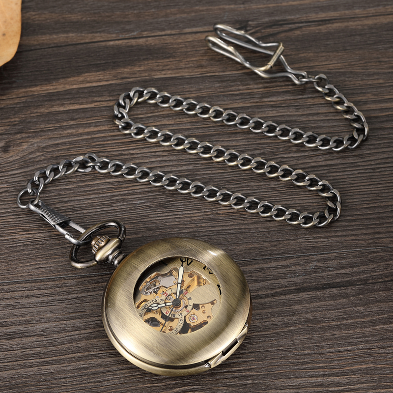 Retro Bronze Rudder Hollow Design Mechanical Hand-wind Pocket Watch Unique Double-sided Opening Skeleton Fob Pocket Watch Chain