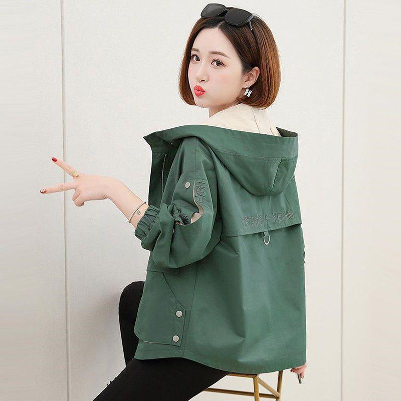 Spring Autumn Women Trench Coat Korean Letter Embroidery Hooded Outerwear Loose Large Size Short Coat Casual Female Windbreaker