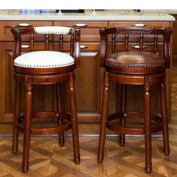 American Solid Wood Bar Chair European Back High Stool Light Luxury Vintage Leather Rotating Bar High Chair Household