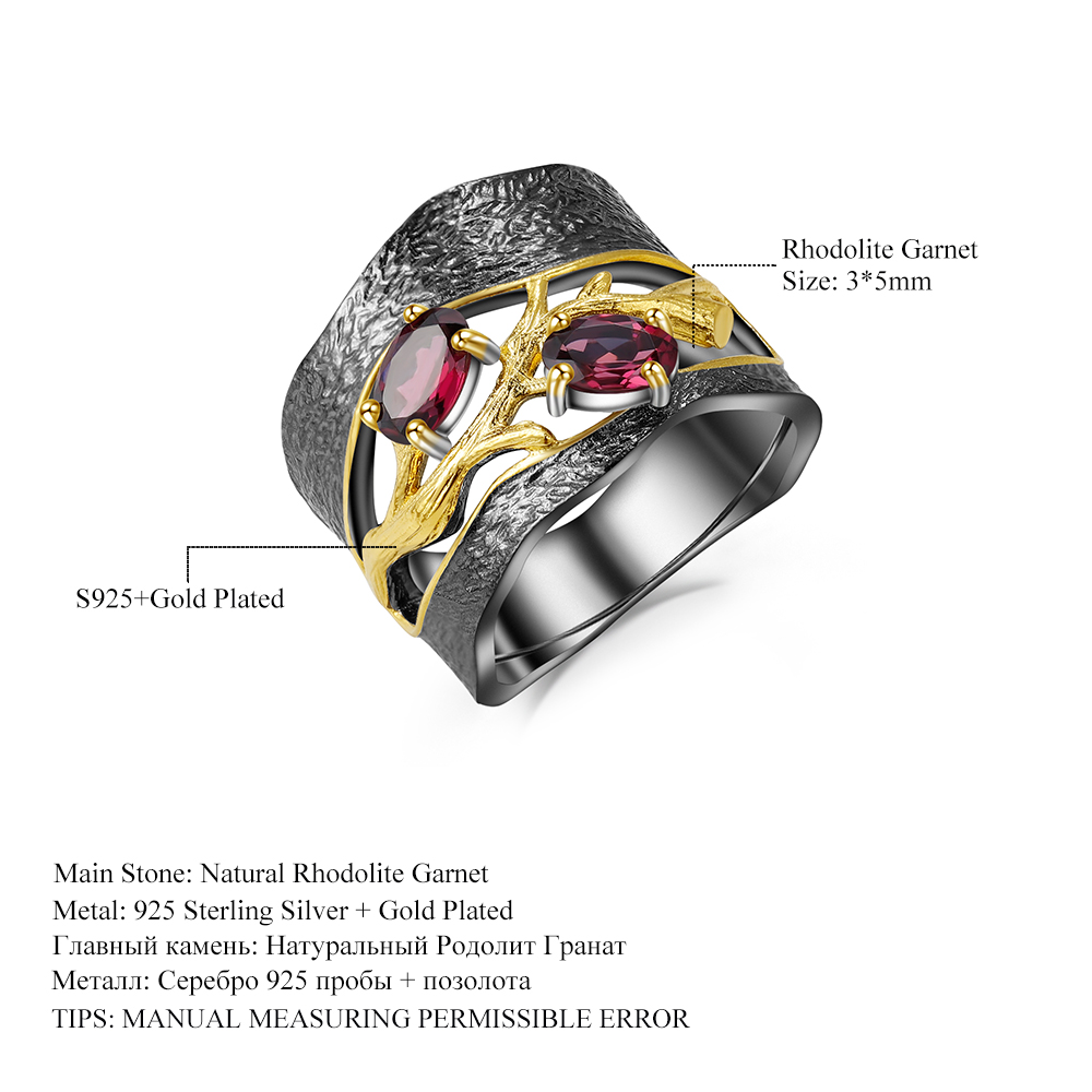 GEM'S BALLET 925 Sterling Silver Original Handmade Branch Rings Natural Rhodolite Garnet Gemstones Ring for Women Fine Jewelry