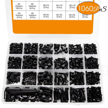 1060pcs M2 M3 M5 M4 Hex Socket Screw Set Carbon Steel Flat Round Cap Head Screws Bolts and Nuts Assortment Kit with Storage Box