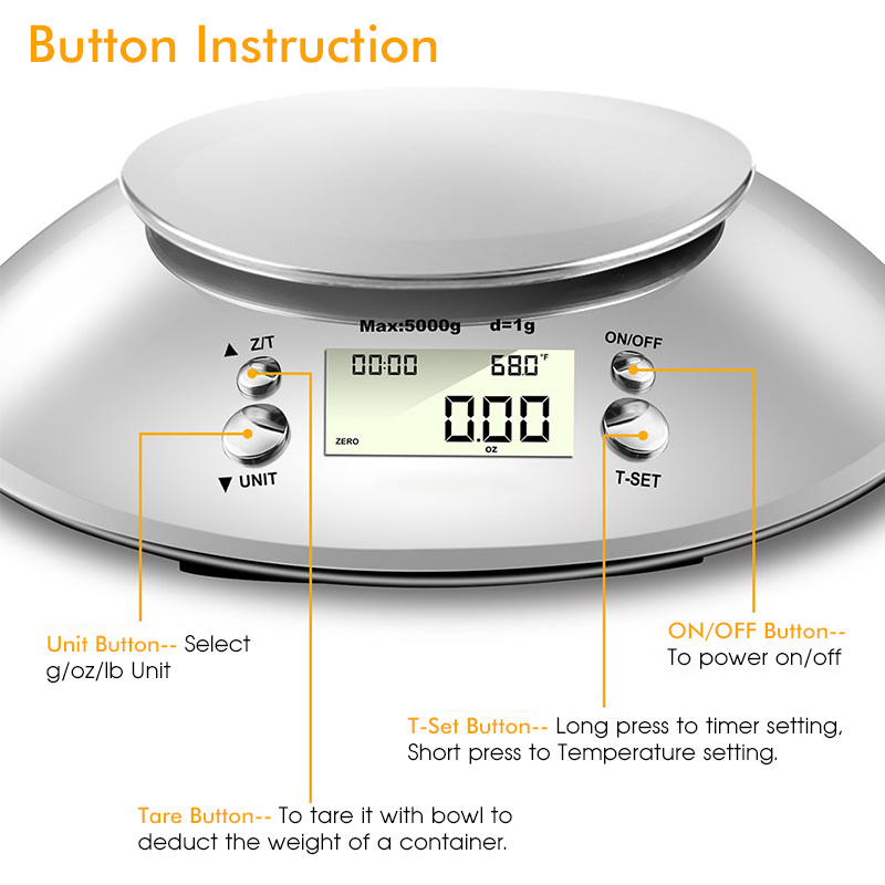 5KG/1G Stainless Steel Digital Kitchen Scale with 2L Removable Bowl Temperature Timer Electronic Food Balance Weight Scale