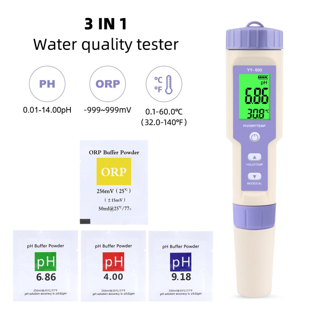 yieryi Digital YY-600 PH/ORP/TEMP 3 In 1 test pen with PH&ORP calibration powder buffer powder PH water quality test meter