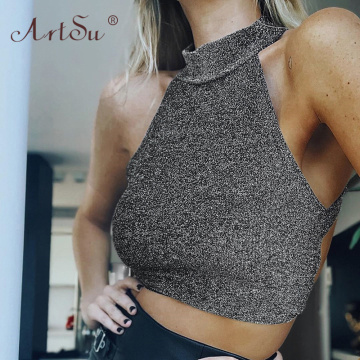 ArtSu Sleeveless Backless Women Tank Top Silver Glitter Crop Top Tie Up Sexy Summer Choker Halter Bandage Tops Streetwear Club