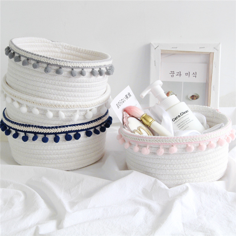 Cotton Rope Storage Baskets With Pompom Handmade Woven Dirty Clothes Laundry Basket Kids Toy Desktop Sundries Organizer Hamper