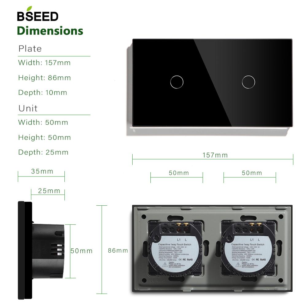 Bseed 2 Gang Touch Switch 157mm 1 Way 2 Way Light Switch White Black Golden Crystal Class Panel Switch Waterproof Switch