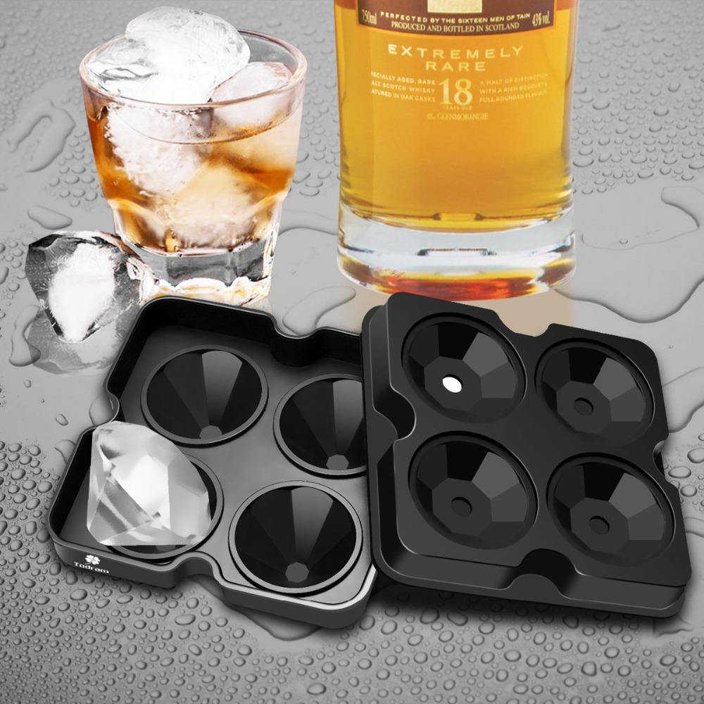 4pcs/set Diamond Ice Cube Silicone Reusable Ice Cube Maker Tray+ Funnel Chocolate Mold Whisky Wine Bar Tool Kitchen Accessories