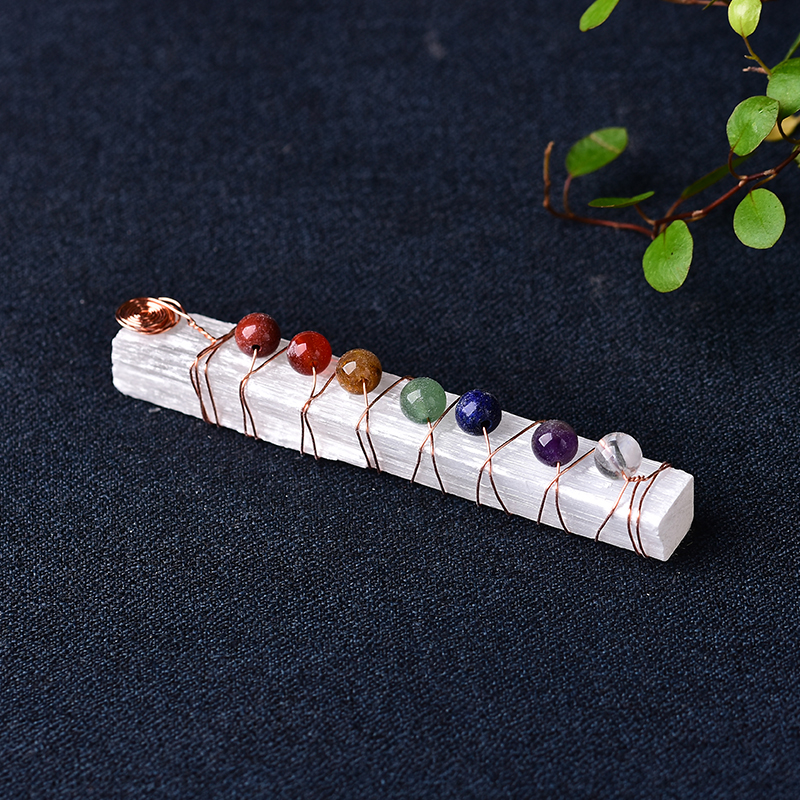 1PC Seven Chakra Crystals Stones Selenite Stick Wand for Ladies Yoga Meditation Spiritual Reiki Beads Wire Wrapped Energy Stone
