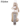 Eilyken Fashion Clip Toe V-Neck Design Womens Wedge Sandals Sexy Open Toe Ankle Lace-Up Ladies Shoes Crystal Perspex Heels