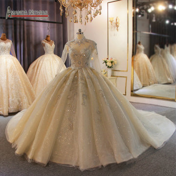 Long sleeves dubai luxury wedding dress puffy ball gown with long train custom order wedding gown