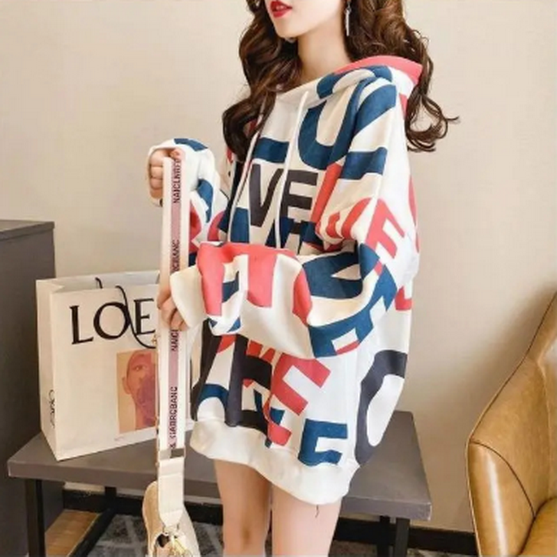 QRWR Korean Women Hoodie Sweatshirts 2020 Winter Casual Fleece Oversized Hoodies Loose Letter Printing Thicken Hoodies for Girls