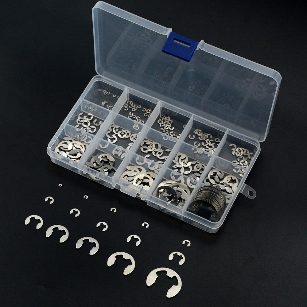 225PCS 304 Stainless Steel E Clip Washer Assortment Kit 1.5-15mm 2 3 3.5 10mm Circlip retaining ring for shaft fastener hardware