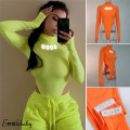 hirigin Sexy Women Reflective Letter Print Neon Green Playsuit Bodysuit Clubwear Long Sleeve Autumn Slim Jumpsuit Rompers Tops