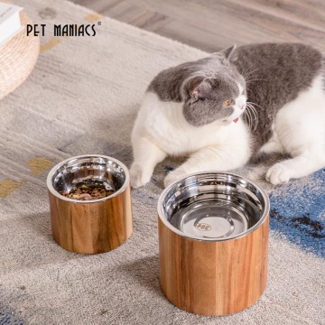 The Vela II Pet Diner Small Dog Size Feeder Bowl Acacia Wood Stainless Steel cats