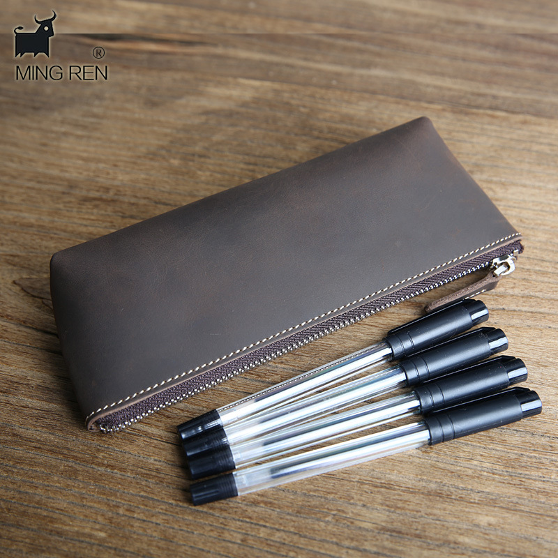 Genuine Leather School Pencil Case for Boys Penal Crazy Horse Pen Bag Large Cow Leather Pencilcase Stationery Pouch Box Supplies