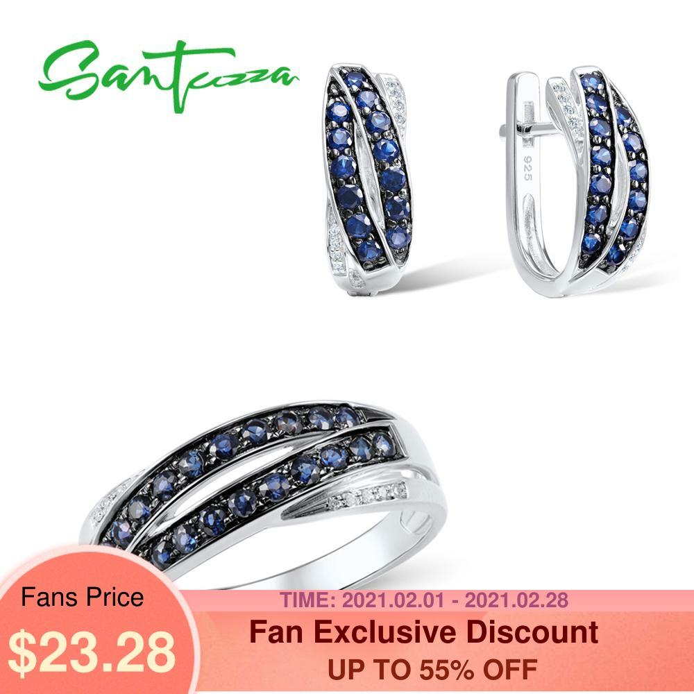 SANTUZZA Jewelry Set for Women Pure 925 Sterling Silver Blue Nano Cubic Zirconia Stones Earrings Ring Set Delicate Fine Jewelry