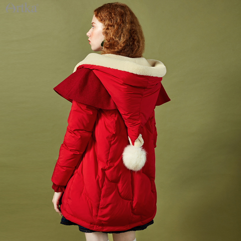 ARTKA 2020 Winter New Women Down Coat 90% White Duck Down Warm Outerwear Lambswool Witch Hooded Christmas Red Down Coat ZK10877D