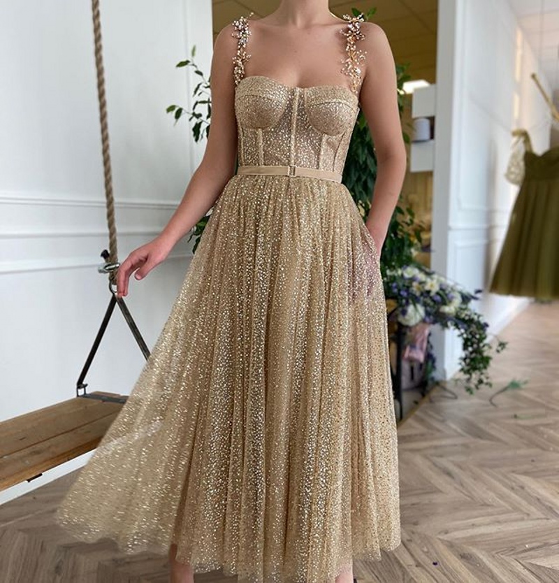 Spaghetti Straps Prom Dresses Tea Length Evening Dresses Gold Tulle Formal Party Dress