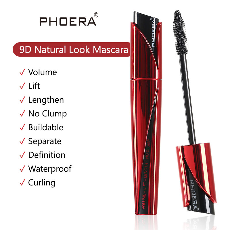 PHOERA Natural 9D Silk Fiber Lash Mascara Waterproof Mascara for Eyelash Extension Black Thick Long Curling Eyelash TSLM1